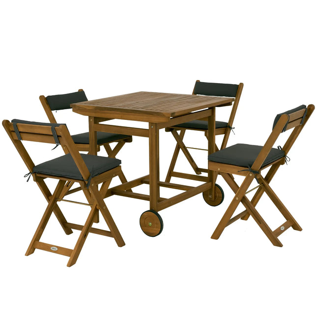 Wooden Outdoor French Bistro Patio Set with Wheeled Table and Folding Chairs – Brown - Toronto Liquidation Company