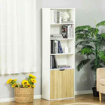 Classic 4-Tier Bookshelf with Cabinet Doors – Oak Brown