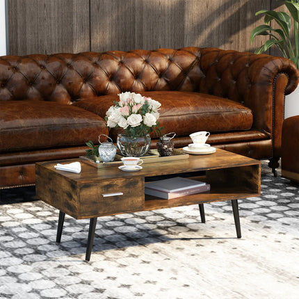 Retro Coffee Table with Storage Shelf and Drawer – Rustic Brown