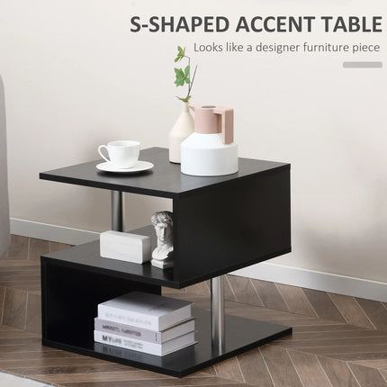 Wooden S Shape End Table with 3-Tier Storage – Black
