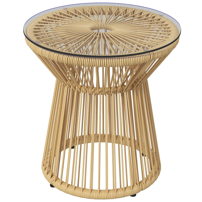 Round Rattan Wicker Outdoor Patio Glass Top Side Table – Beige