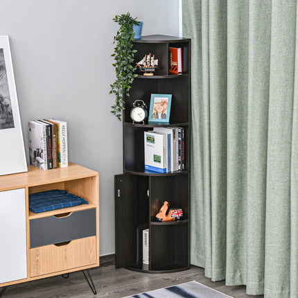 5-Tier Corner Bookcase with Cabinet – Black