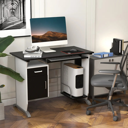 Office Desk with Keyboard Tray and CPU Stand – Black & White