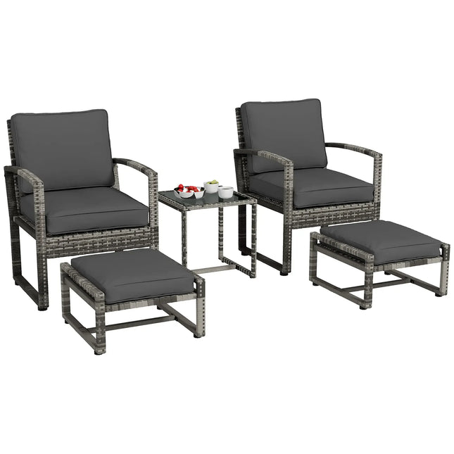 5-Piece Rattan Wicker Outdoor Patio Furniture Set with Armchair, Stool, Table and Cushions – Grey - Toronto Liquidation Company