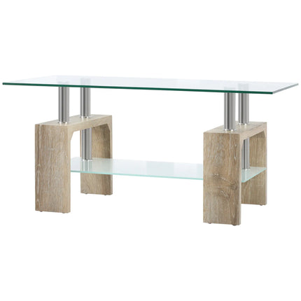 Rectangle Glass Coffee Table with Storage Shelf – Natural Wood