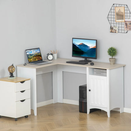 L-Shaped Office Desk with Cabinet and Shelf – Natural Wood and White