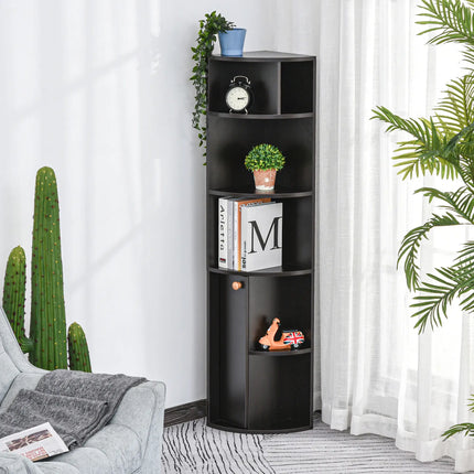 5-Tier Corner Bookcase with Cabinet – Black