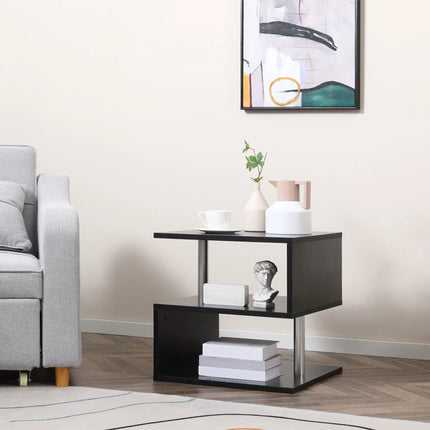 Wooden S Shape End Table with 3-Tier Storage – Black