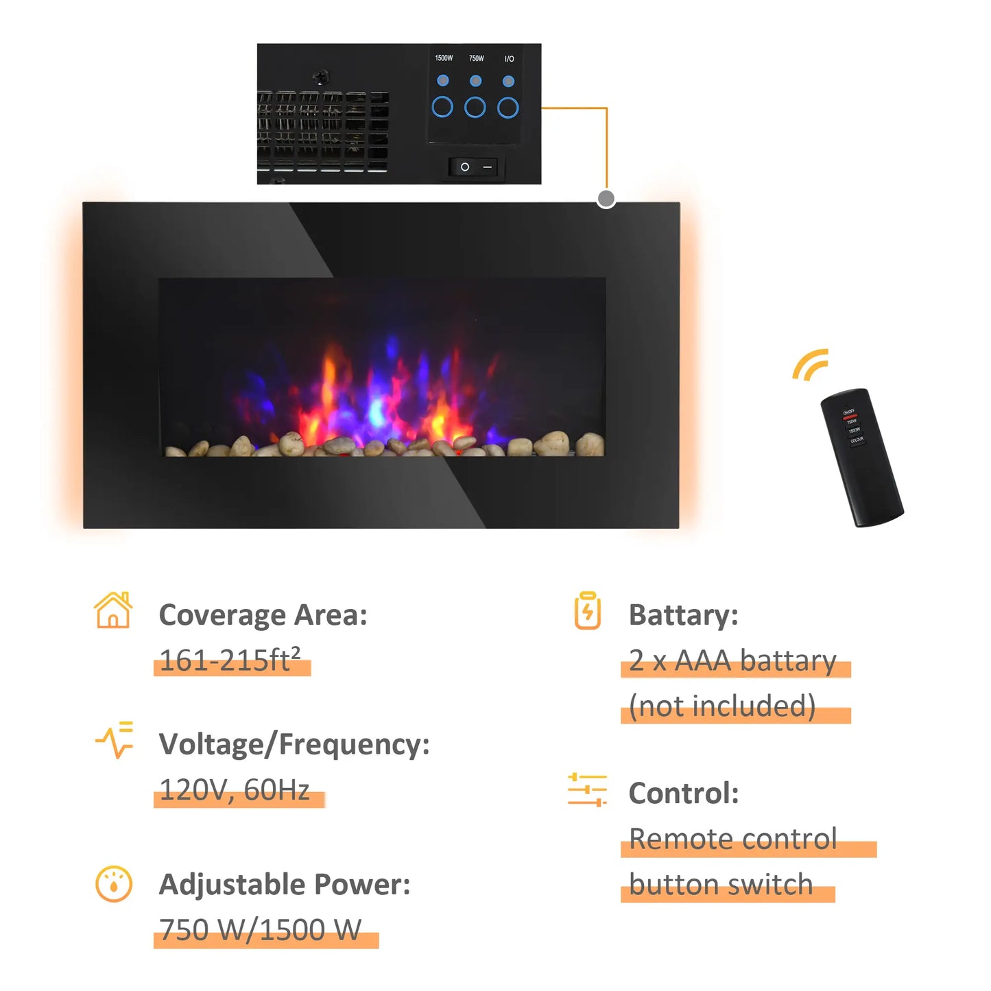 1500W Wall Mounted LED Multi-Color Electric Fireplace Heater With Remote Control - Toronto Liquidation Company