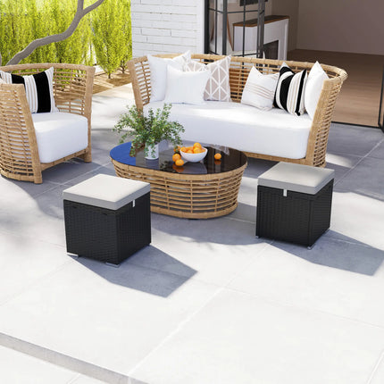 2-Piece Square Rattan Wicker Outdoor Ottoman with Storage and Removable Cushion - Light Grey