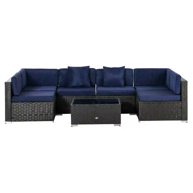 7-Piece Rattan Wicker Outdoor Patio Sectional Sofa with Coffee Table – Navy