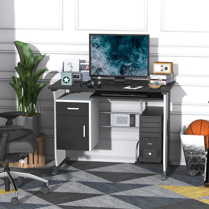 Office Desk with Keyboard Tray and CPU Stand – Black & White