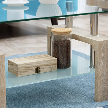 Rectangle Glass Coffee Table with Storage Shelf – Natural Wood