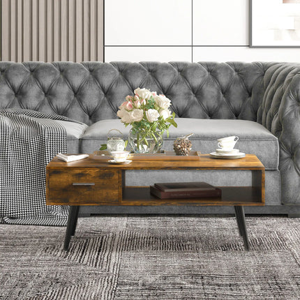 Retro Coffee Table with Storage Shelf and Drawer – Rustic Brown