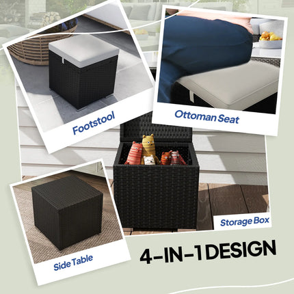 2-Piece Square Rattan Wicker Outdoor Ottoman with Storage and Removable Cushion - Light Grey