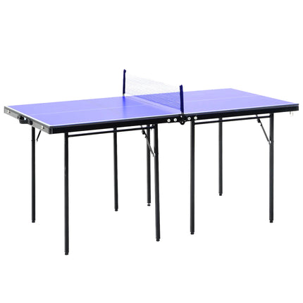 Foldable ping pong table with paddles and net set up indoors