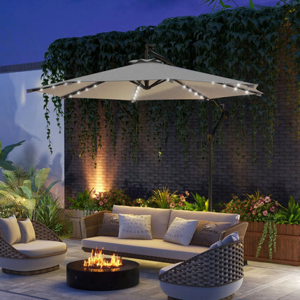 10ft Adjustable Outdoor Patio Offset Umbrella with LED Lights – Beige
