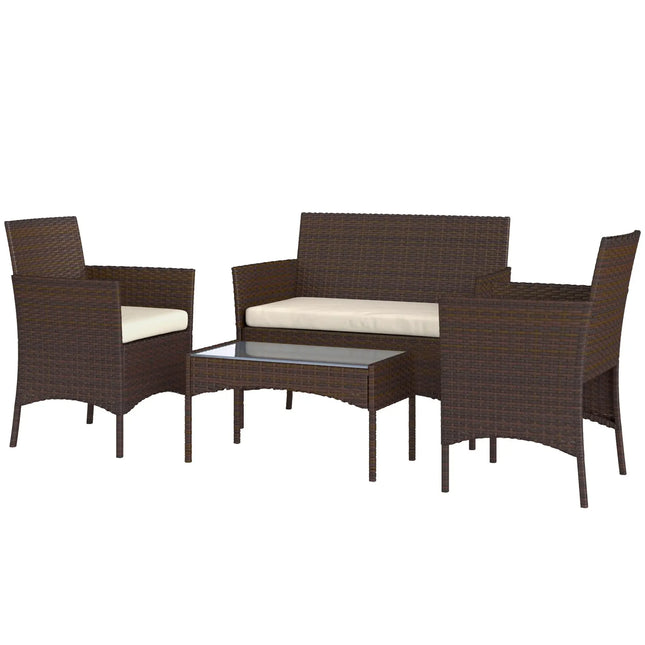4-Piece Rattan Wicker Outdoor Patio Furniture Set With Glass Table Top - Brown - Toronto Liquidation Company