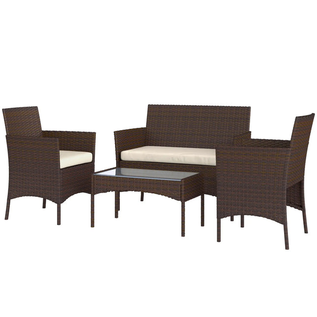 4-Piece Rattan Wicker Outdoor Patio Furniture Set With Glass Table Top - Brown