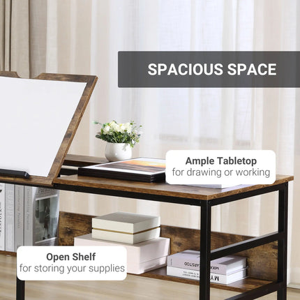 Adjustable Drafting Table with Folding Top and Storage – Rustic Brown