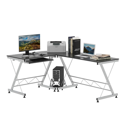 L-Shaped Office Desk with Keyboard Tray – Grey