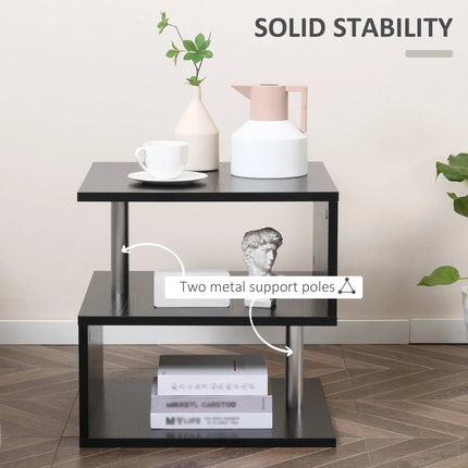 Wooden S Shape End Table with 3-Tier Storage – Black