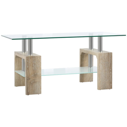Rectangle Glass Coffee Table with Storage Shelf – Natural Wood