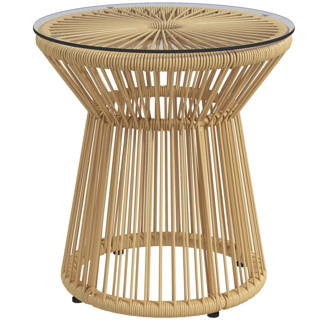 Round Rattan Wicker Outdoor Patio Glass Top Side Table – Beige