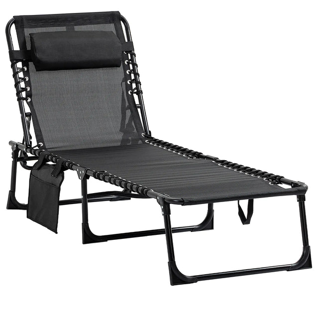 Outdoor Patio Folding Chaise Lounge Chair with Storage Pocket - Black