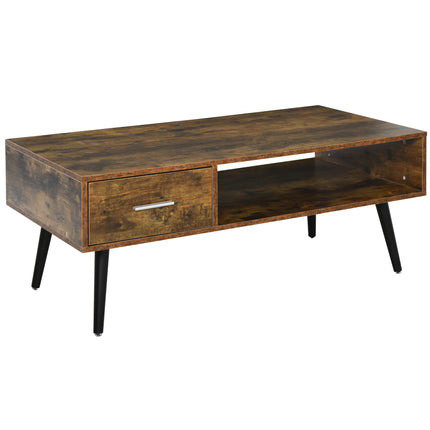 Retro Coffee Table with Storage Shelf and Drawer – Rustic Brown