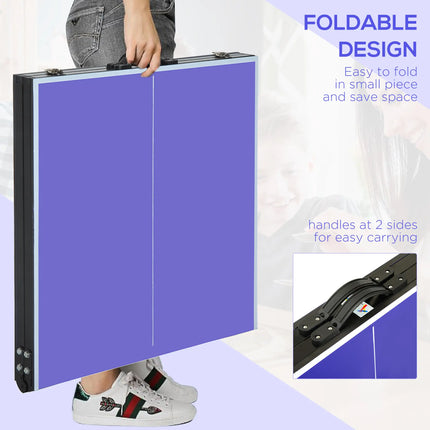 Foldable ping pong table with paddles and net set up indoors
