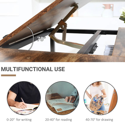 Adjustable Drafting Table with Folding Top and Storage – Rustic Brown
