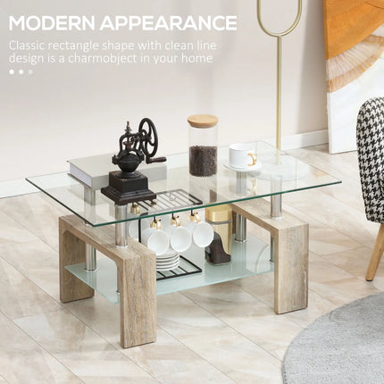 Rectangle Glass Coffee Table with Storage Shelf – Natural Wood