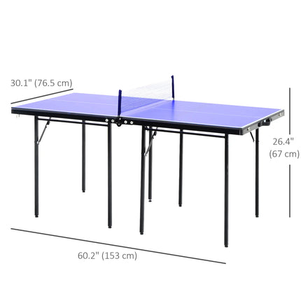 Foldable ping pong table with paddles and net set up indoors
