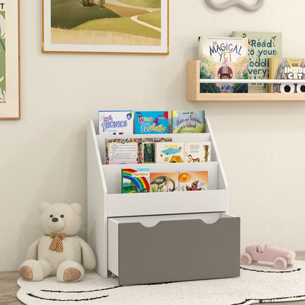 Kids Bookshelf with 3-Tier Display Shelves and Drawer – White
