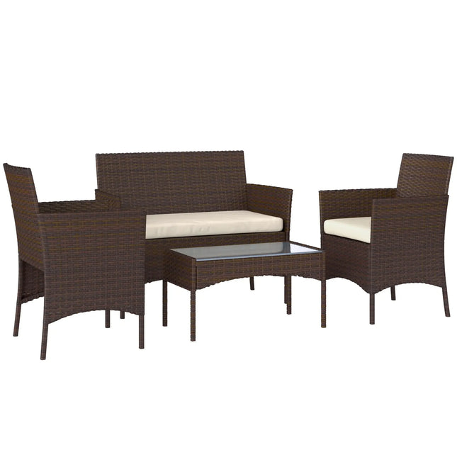 4-Piece Rattan Wicker Outdoor Patio Furniture Set With Glass Table Top - Brown - Toronto Liquidation Company