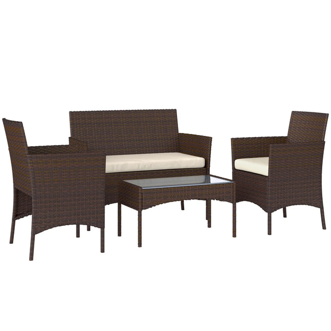 4-Piece Rattan Wicker Outdoor Patio Furniture Set With Glass Table Top - Brown