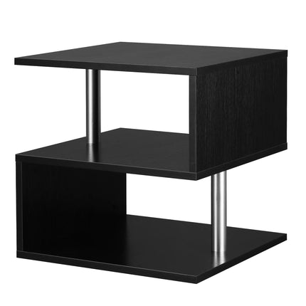 Wooden S Shape End Table with 3-Tier Storage – Black