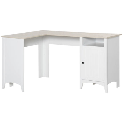 L-Shaped Office Desk with Cabinet and Shelf – Natural Wood and White