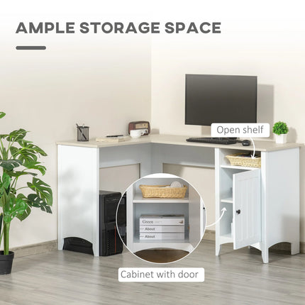 L-Shaped Office Desk with Cabinet and Shelf – Natural Wood and White