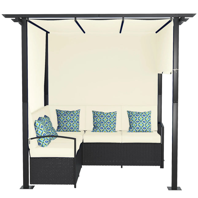 3-Piece Rattan Wicker Outdoor Patio Pergola with Retractable Canopy – Beige