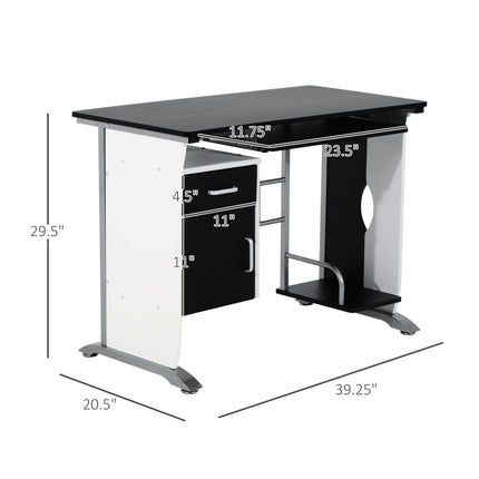 Office Desk with Keyboard Tray and CPU Stand – Black & White