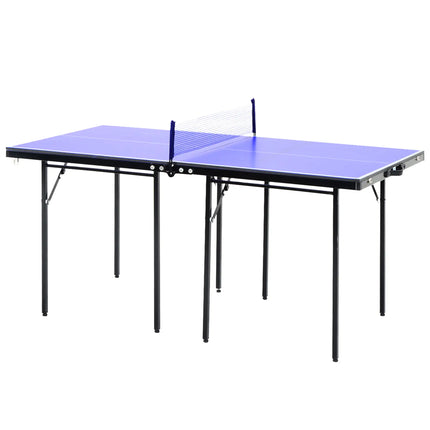 Foldable ping pong table with paddles and net set up indoors