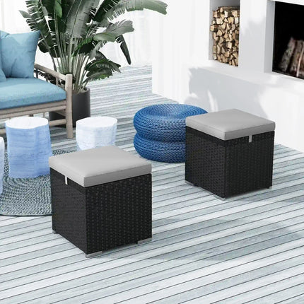 2-Piece Square Rattan Wicker Outdoor Ottoman with Storage and Removable Cushion - Light Grey