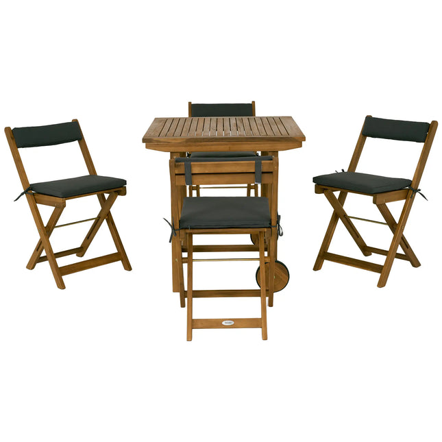 Wooden Outdoor French Bistro Patio Set with Wheeled Table and Folding Chairs – Brown
