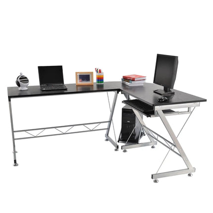 L-Shaped Office Desk with Keyboard Tray – Grey