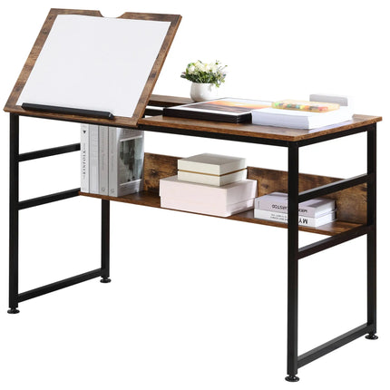 Adjustable Drafting Table with Folding Top and Storage – Rustic Brown