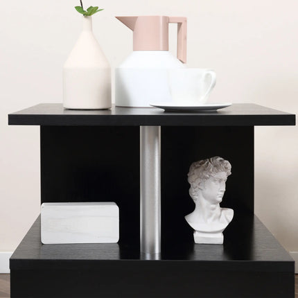 Wooden S Shape End Table with 3-Tier Storage – Black