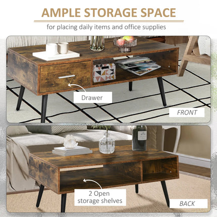 Retro Coffee Table with Storage Shelf and Drawer – Rustic Brown