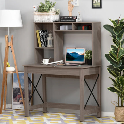 Modern Office Desk with Drawer and Hutch – Grey